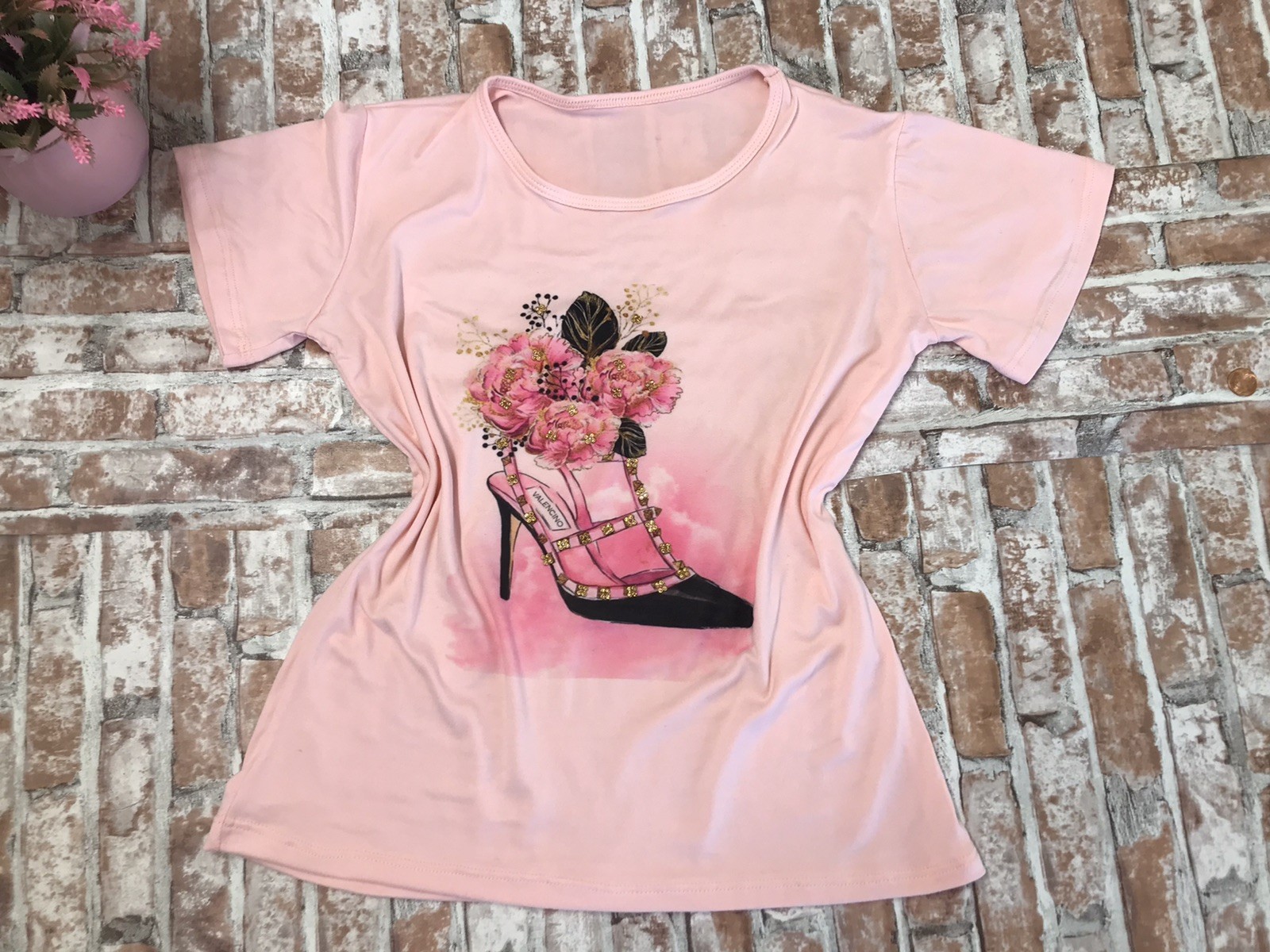 Stiletto Heel Women’s Floral Shirt M Rhineston Pink Short Sleeve Top Cotton Soft