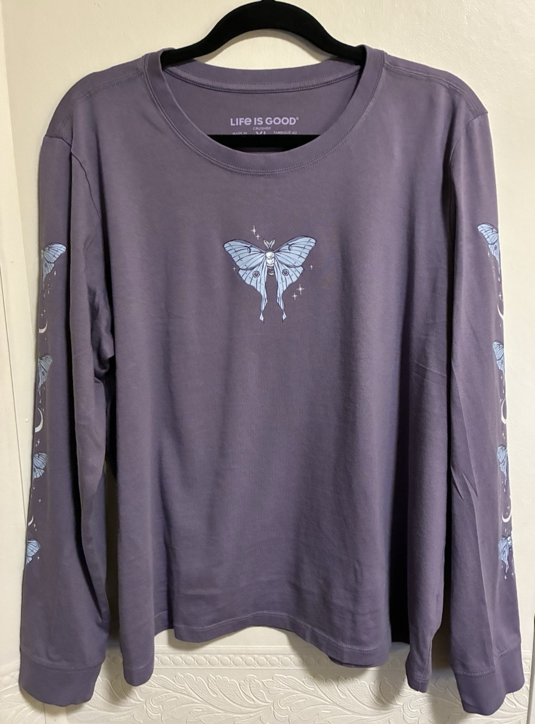 NWT Life Is Good Purple Moth Butterfly Graphic Sleeves L/S T Shirt Sz XL