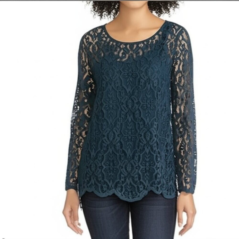 Ann Taylor Loft Teal Blue Lace Top Size Small Overlay Feminine Boho Cottagecore