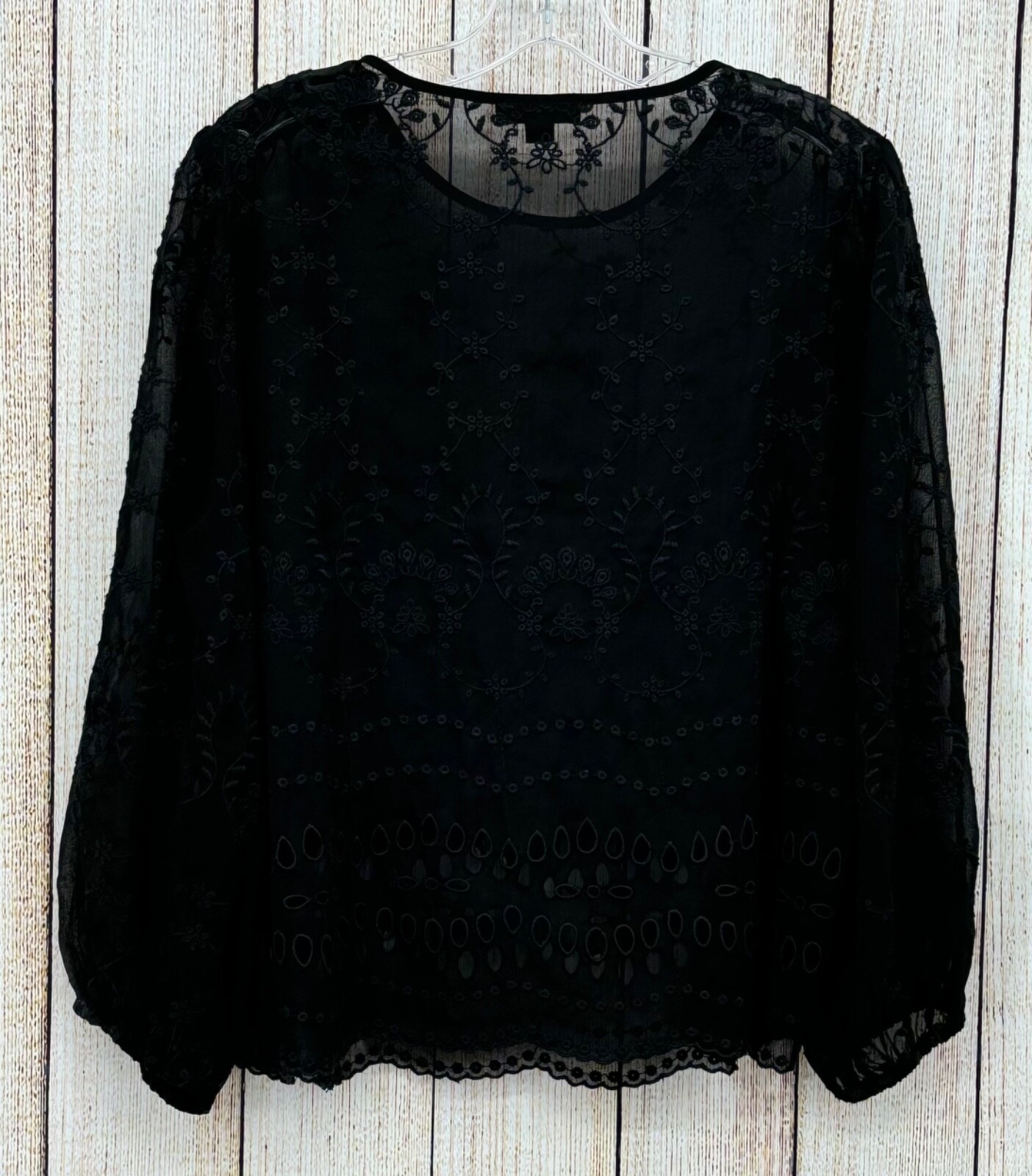 J Crew Black Lace Top Size Medium Long Sleeve Eyelet Lace Blouse Semi Sheer
