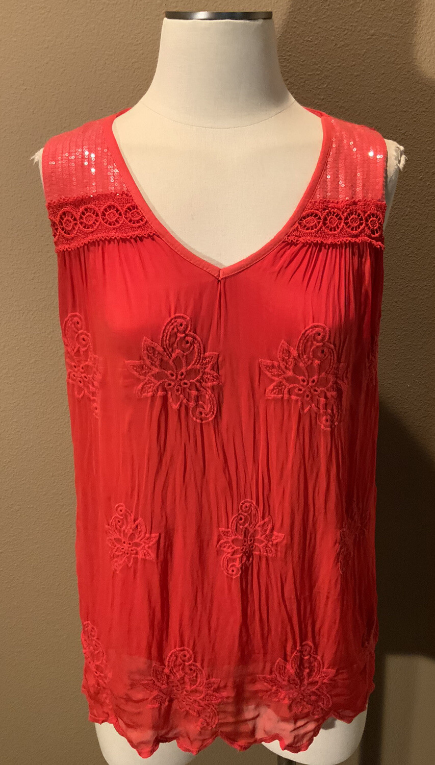 Elena Baldi Italy S Sleeveless Red Embroiderer Sequined V Neck Blouse Top