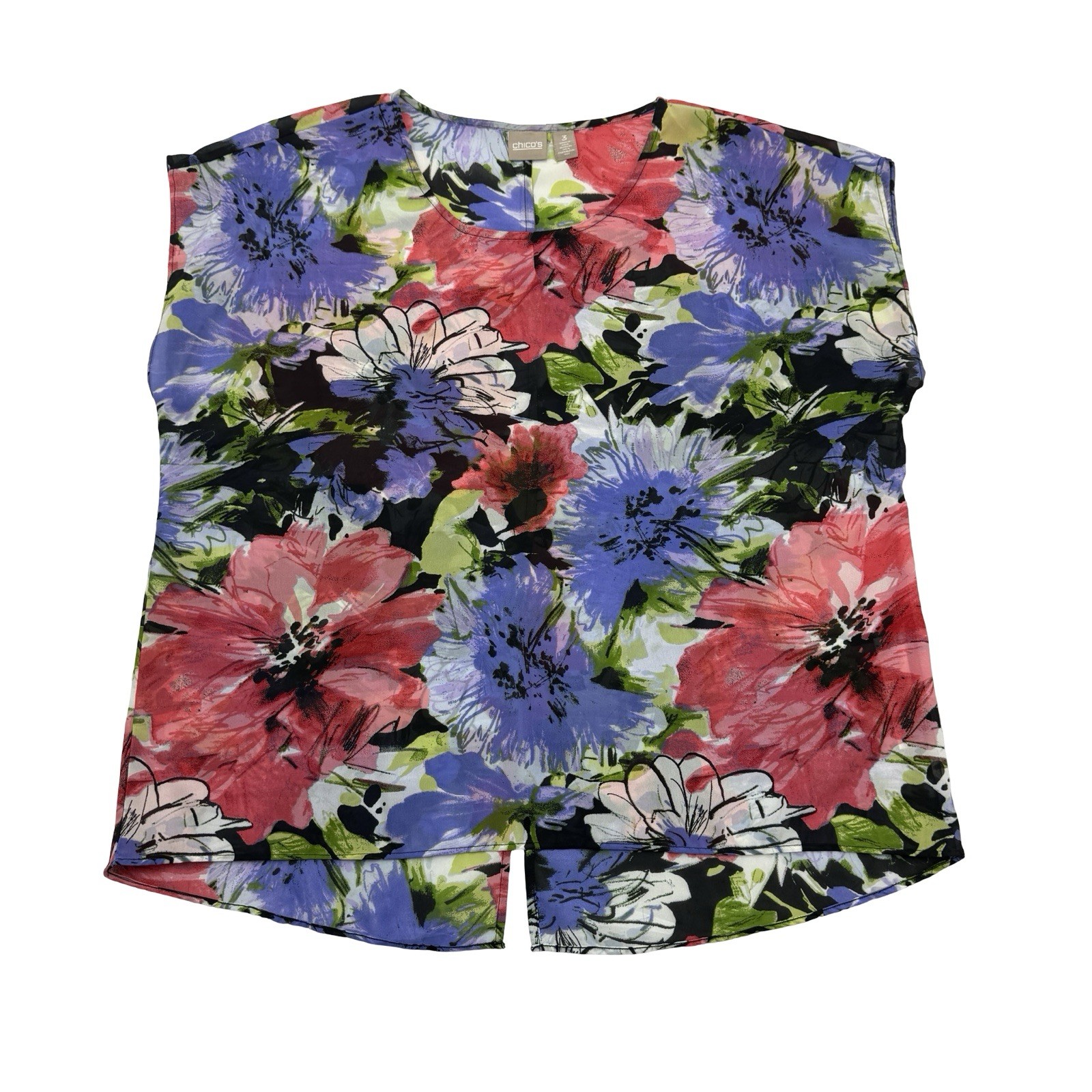 Chicos Shirt Womens 3 XL Red Blue Green Floral Lightweight Sheer Stretch