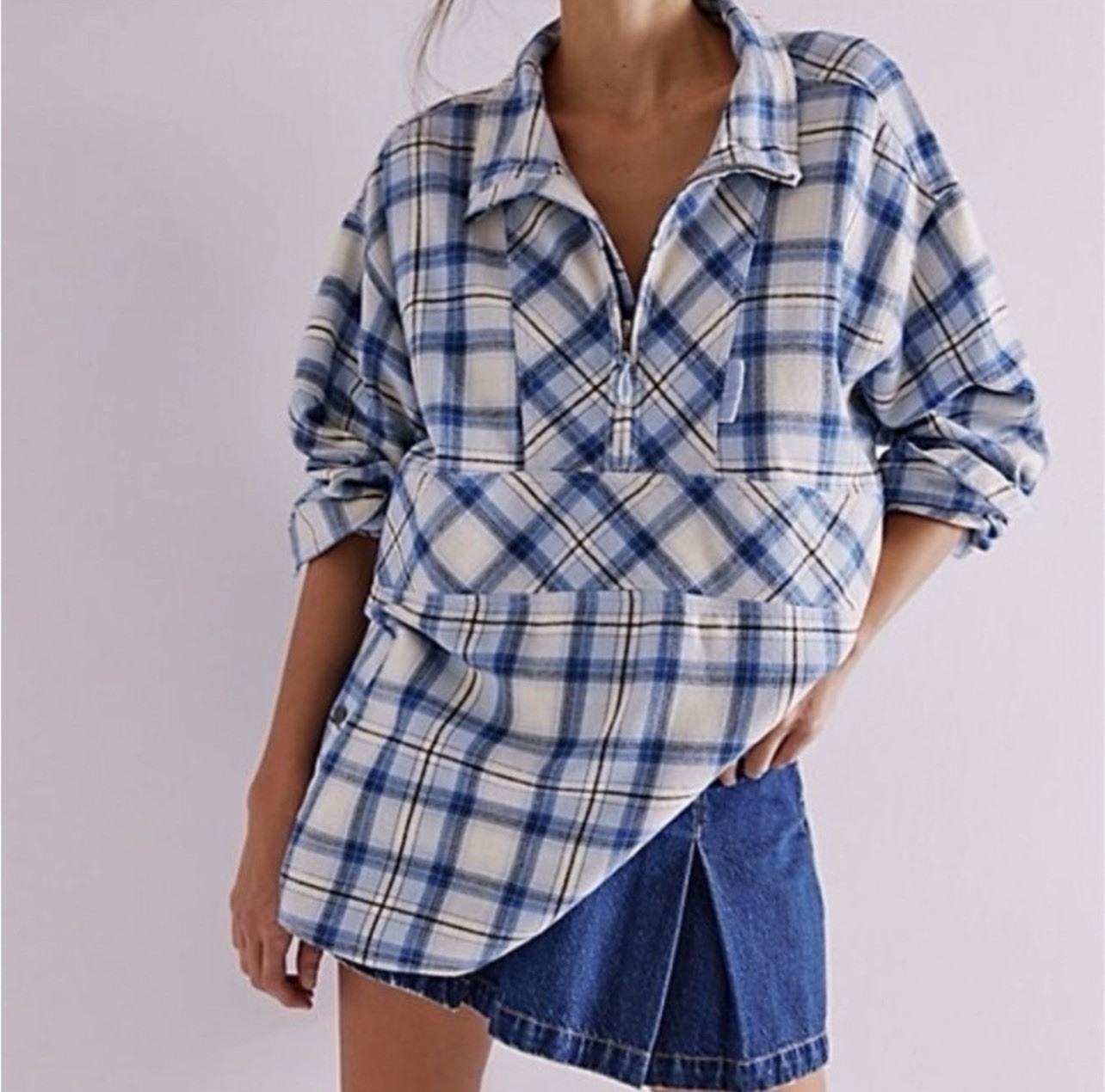 Free People Wind River Plaid Shirt We The Free Zip Pockets Blue Combo Large Boho