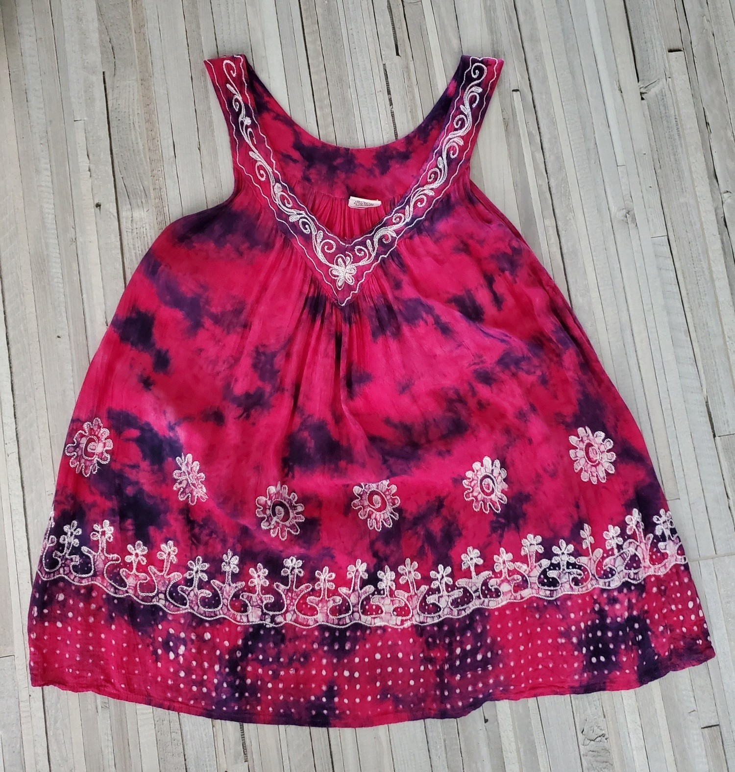 ADVANCE APPARELS One Size Embroidered Tie Dye Fushia Tunic Tank Top Fairy Vtg