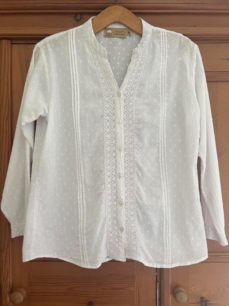 Natural Collections White Cotton Swiss Dot Crochet Lace Boho Blouse M UK 10