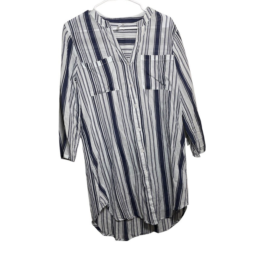 Kaktus Tunic Shirt Dress Women’s Medium Blue Striped Sheer 3/4 Sleeve Casual Top