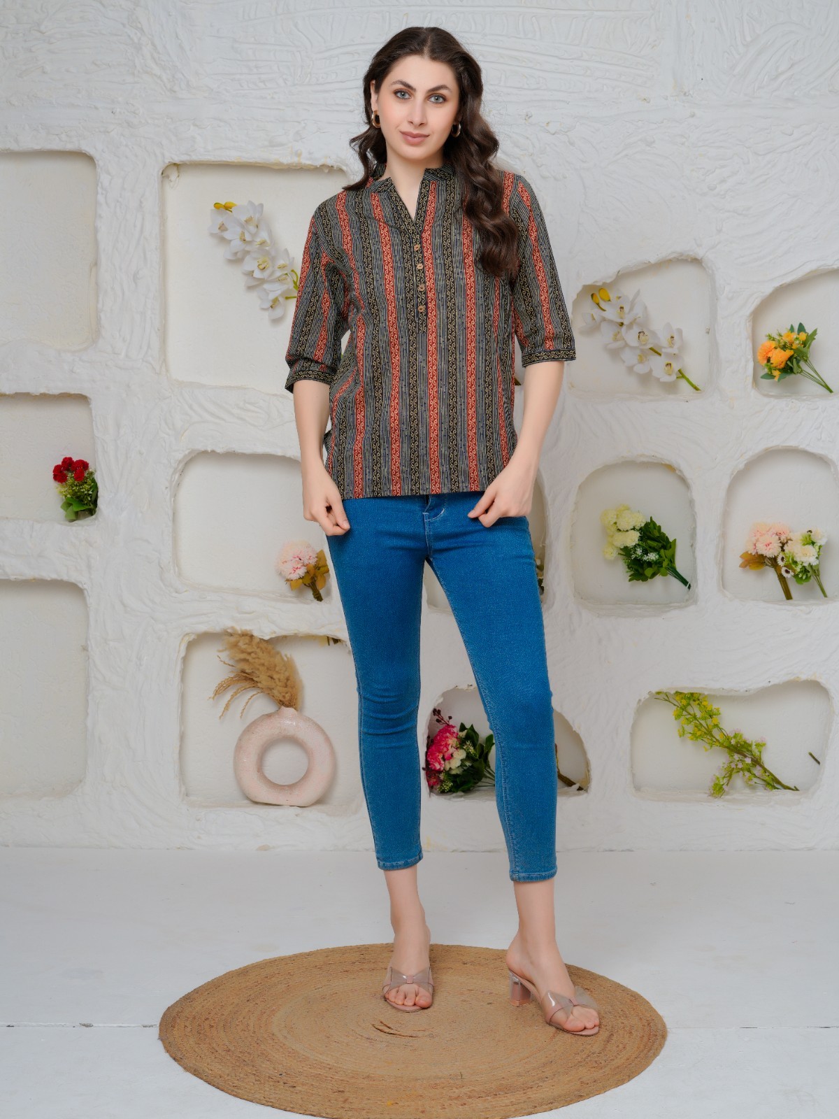 Short Kurtis for Women Pure Cotton Printed Mandarin Collar 3/4 Sleeve Tunic Top