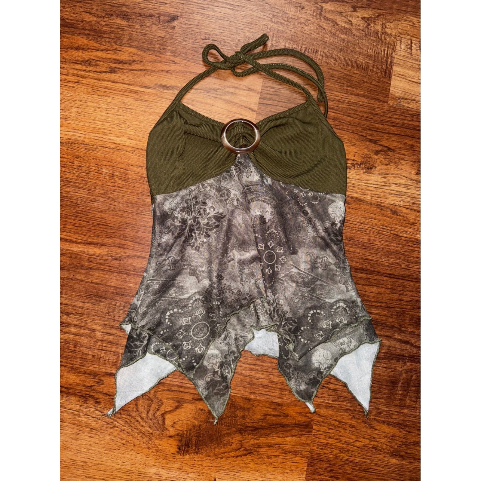 Olive Green Y2K Halter Top O-Ring Paisley Mesh Handkerchief Hem Boho Cami Small