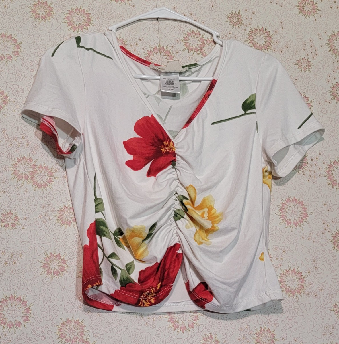 Women’s V-Neck Floral Ruched Knit Top Short Sleeve White L