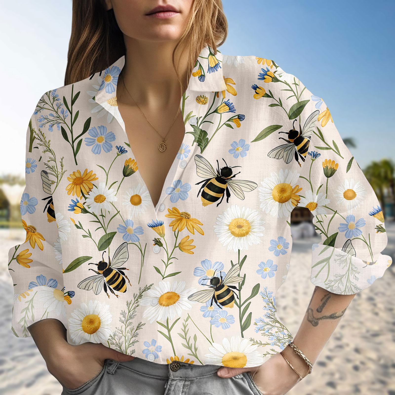 Vintage Bee Botanical Blouse Shirt Honeycomb Women Shirt