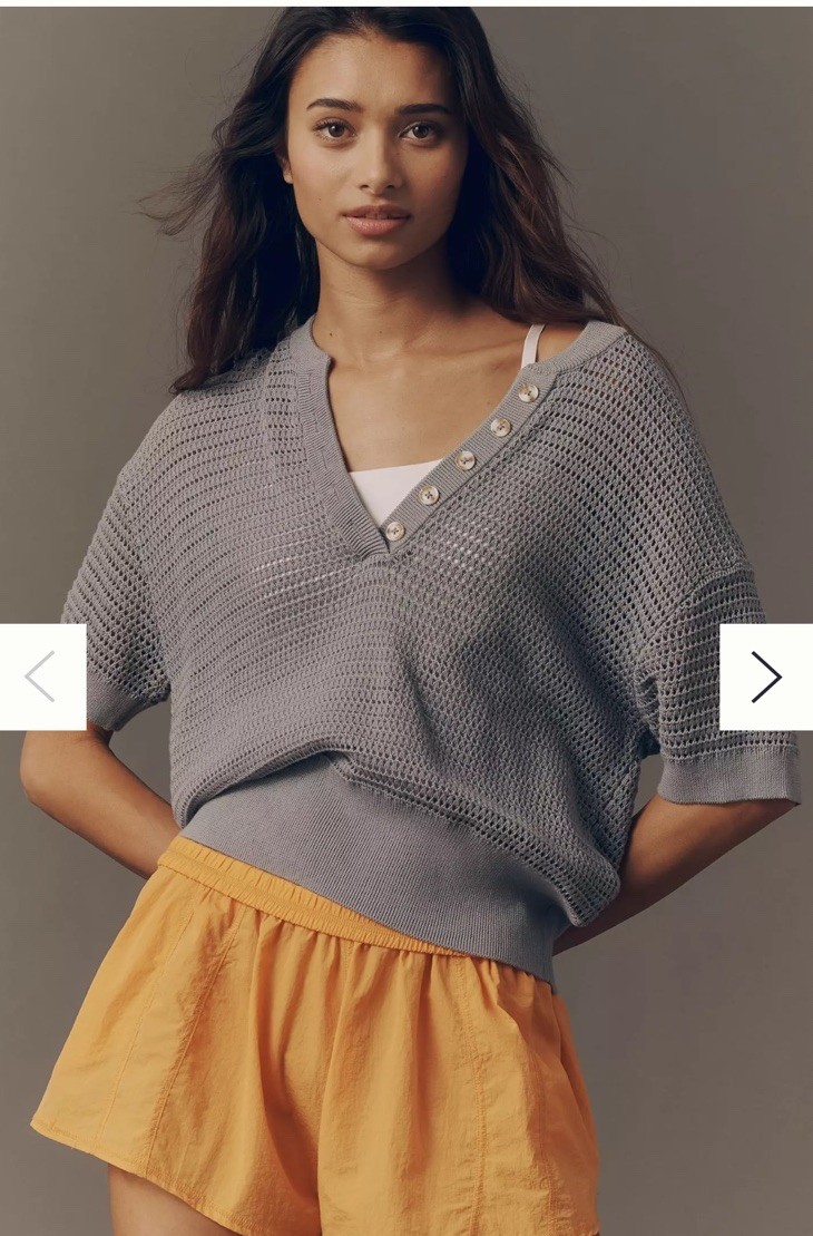 Anthropologie Varley Callie Knit Top Short Sleeve Button Pullover Wind Blue Lg