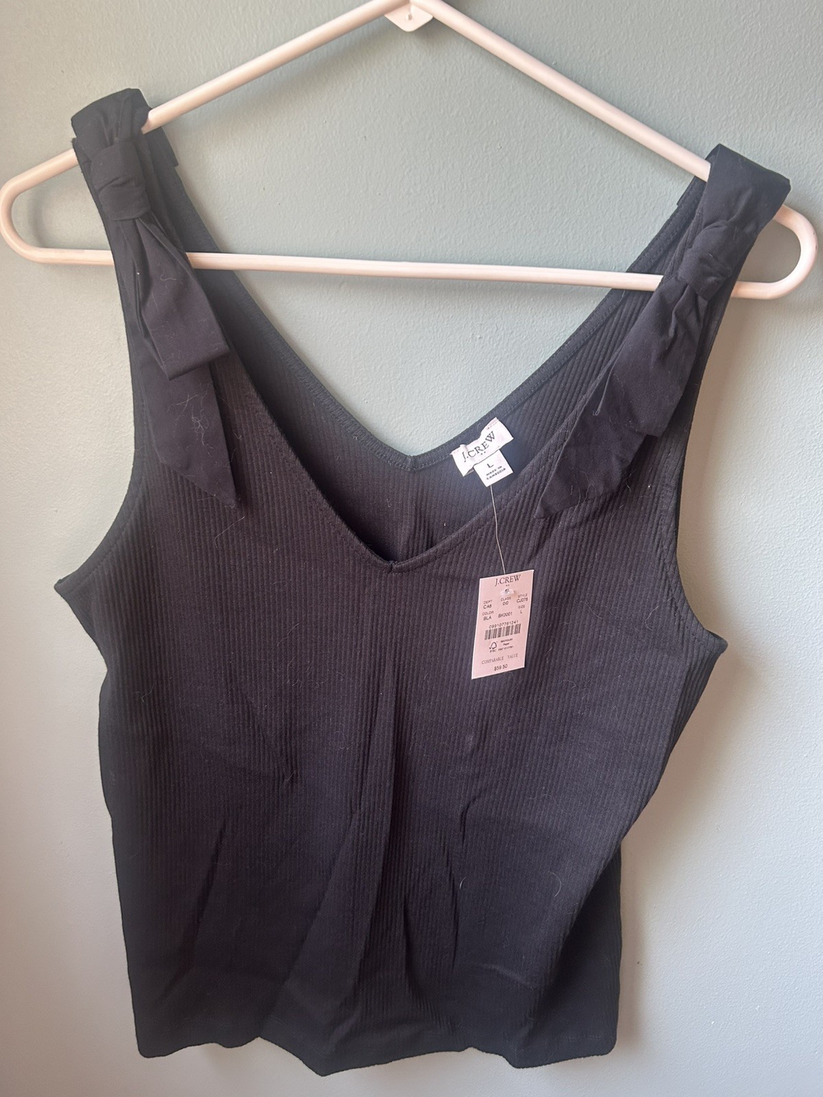J. Crew Women’s Black Ribbed Bow Strap Tank Top Large Cute Feminine Summer. NWT.