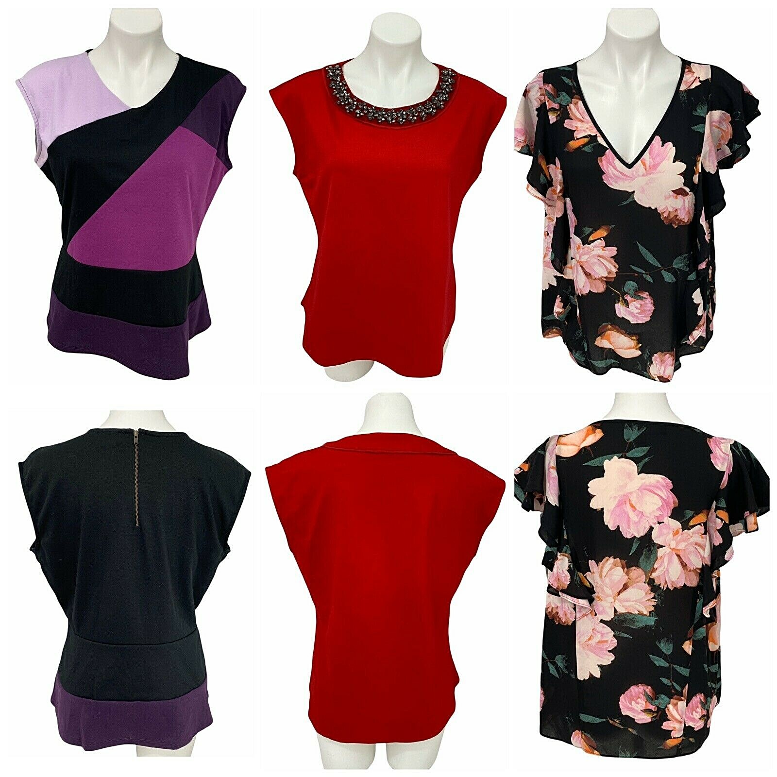 Worthington Top Womens Large Floral Beaded Flutter Career Blouse Work Office