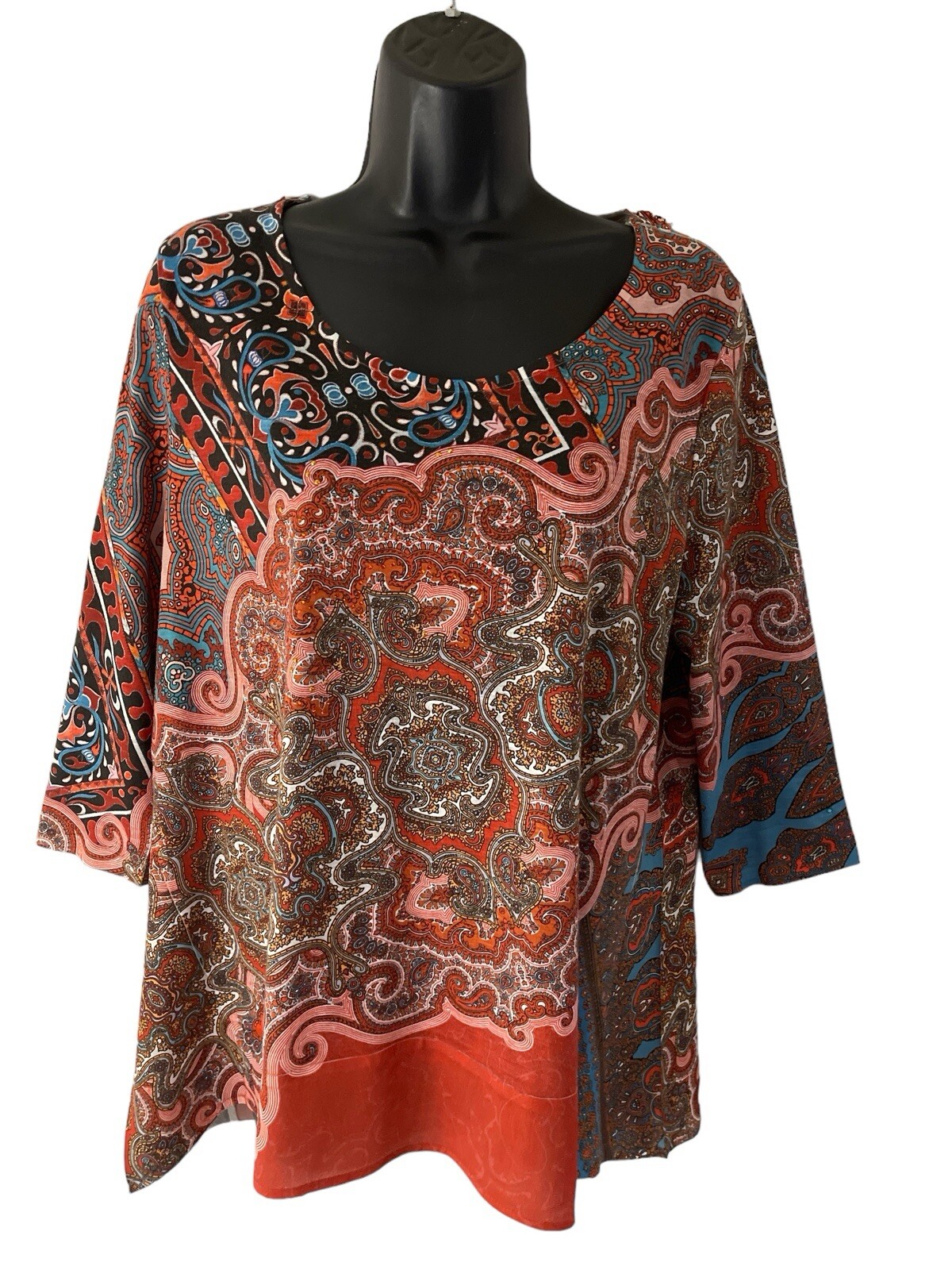 French Blue Top Women XL 3/4 Sleeve Embroidered Sequin Blouse Scoop Neck Hi Low