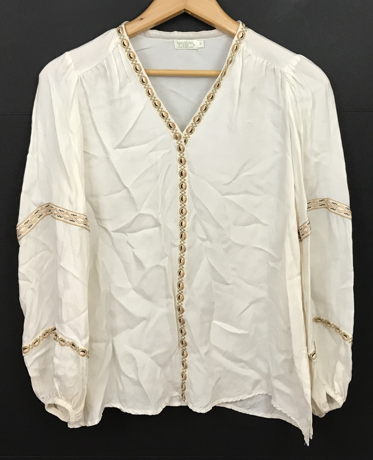 Spartina 449 Evelyn Embroidered Ribbon Tunic Blouse Ivory Top Size S