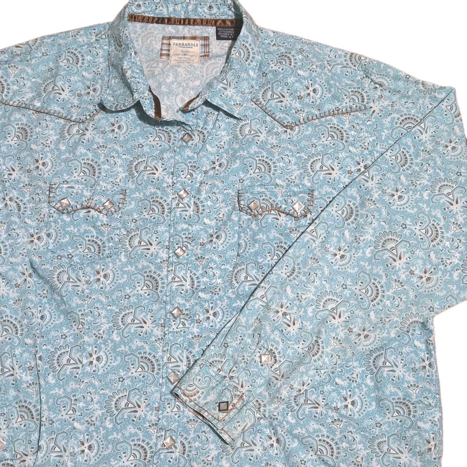 Panhandle Rough Stock Western Snap Shirt XXL Blue Geometric Cowgirl Rodeo Boho