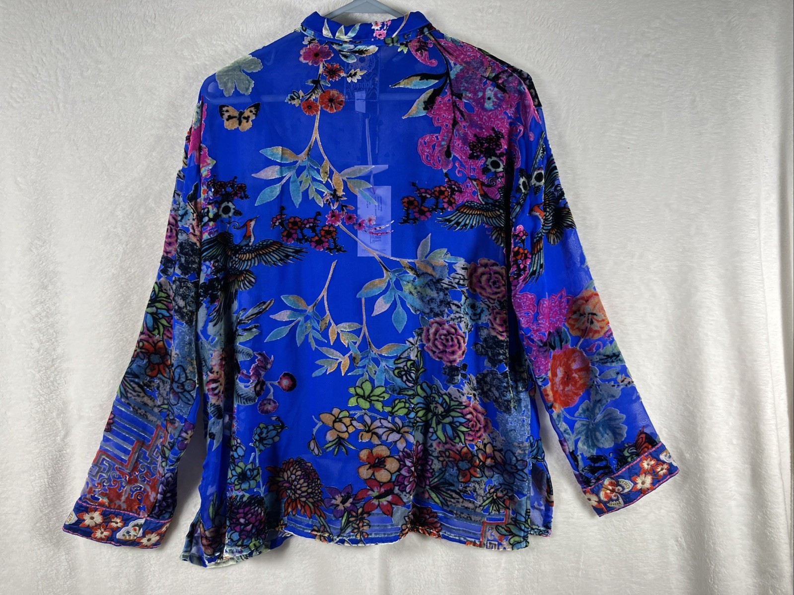 Johnny Was Seline Burnout Velvet Blouse Blue Floral Silk Blend Womens XS NWT
