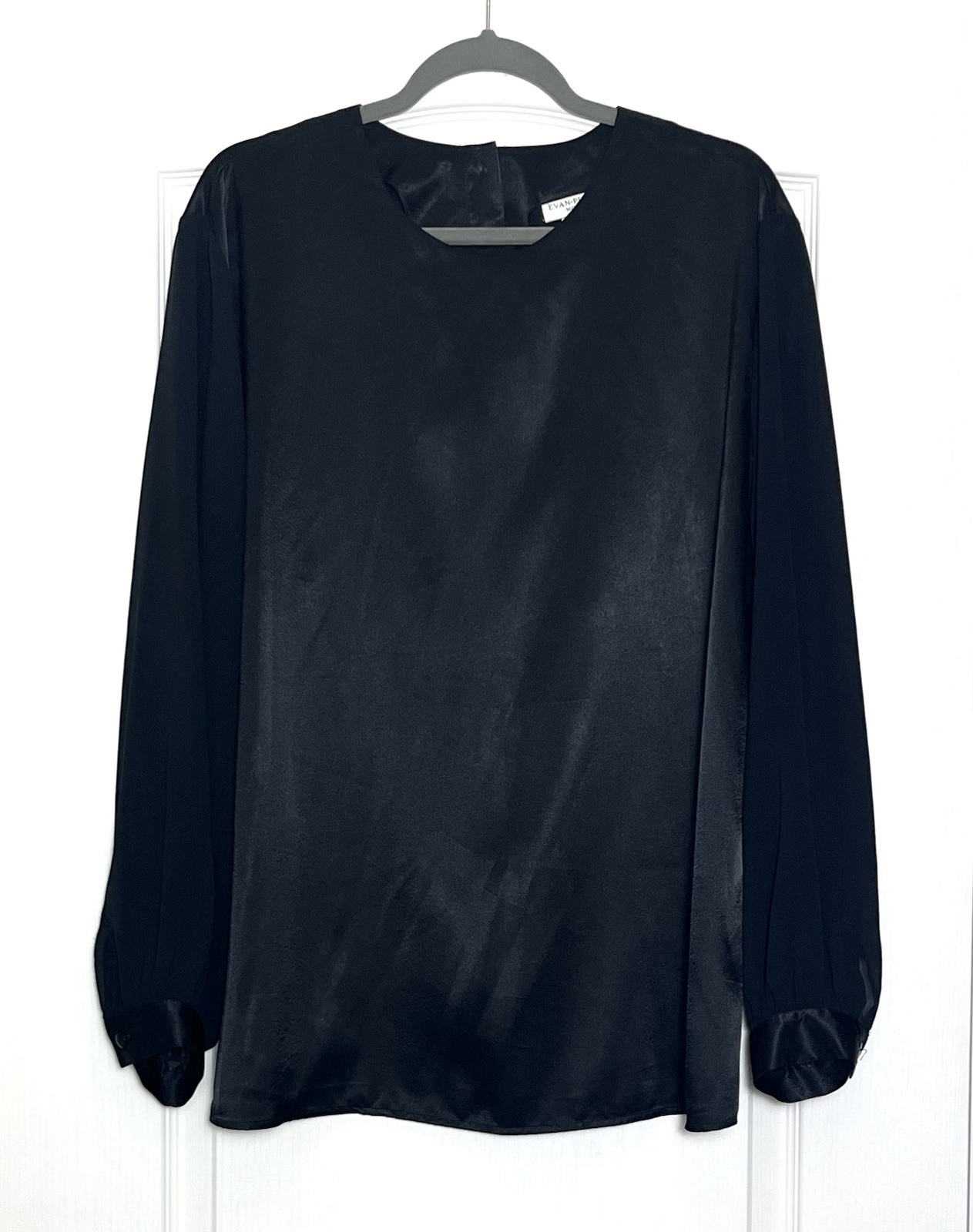 Vintage Evan Picone Long Sleeve Satin Black Top Size 16W Classic Casual Holiday