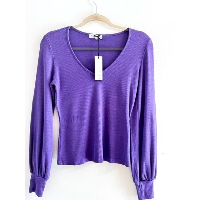 Michael Stars Olivia Balloon Sleeve Top Purple Ultra Rib V-Neck NWT Moonlit S