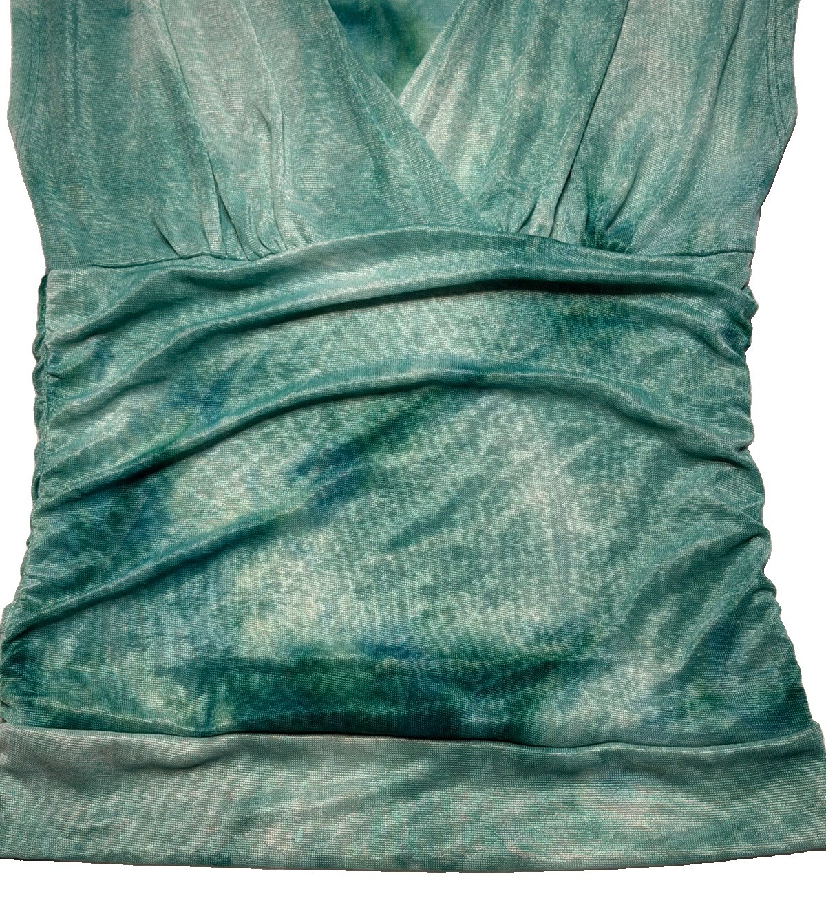 HeartSoul Boho Teal Shimmer Ruched Crochet Lace Trim Top Size Small