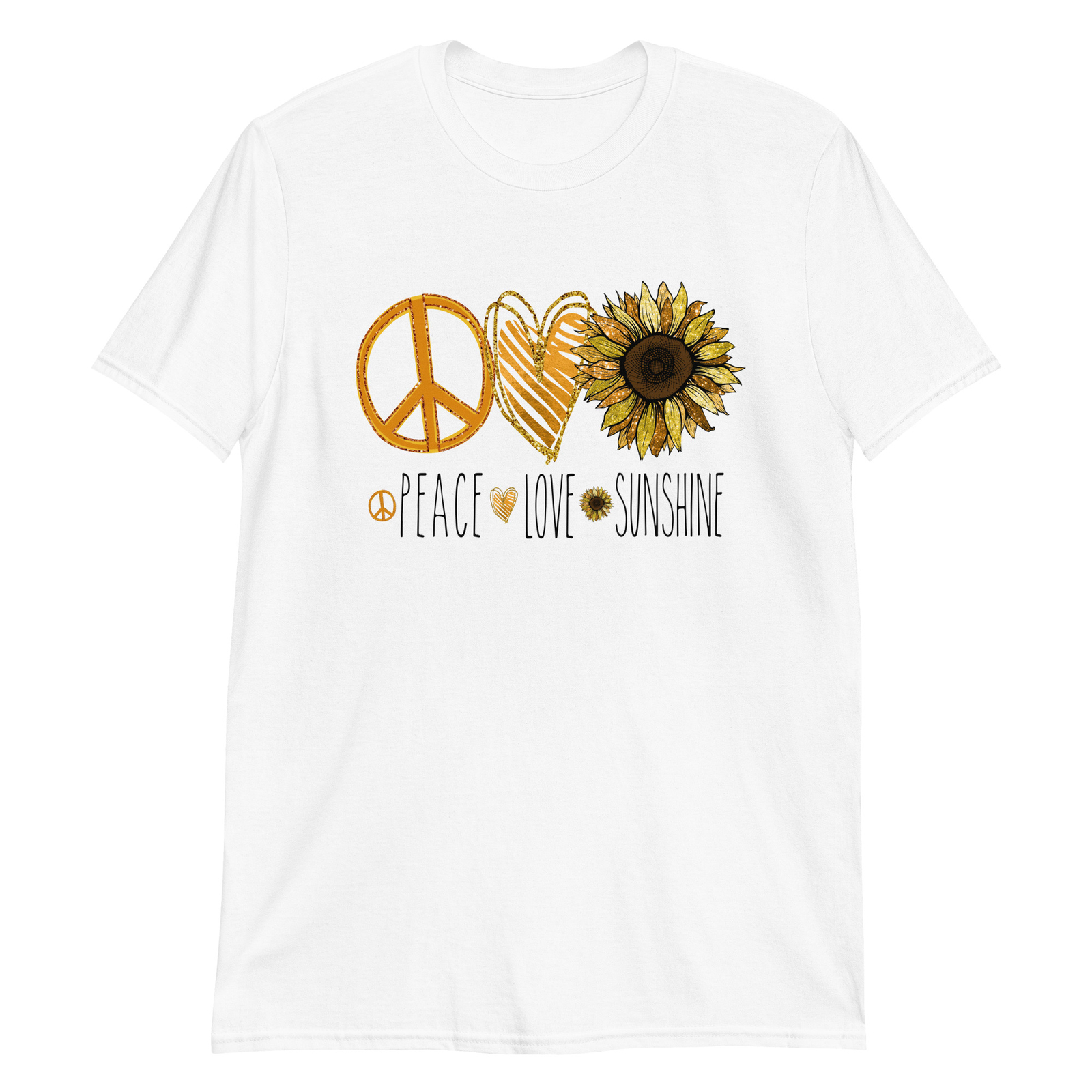 Peace, Love and Sunshine Unisex T-Shirt, flower heart nature color happy