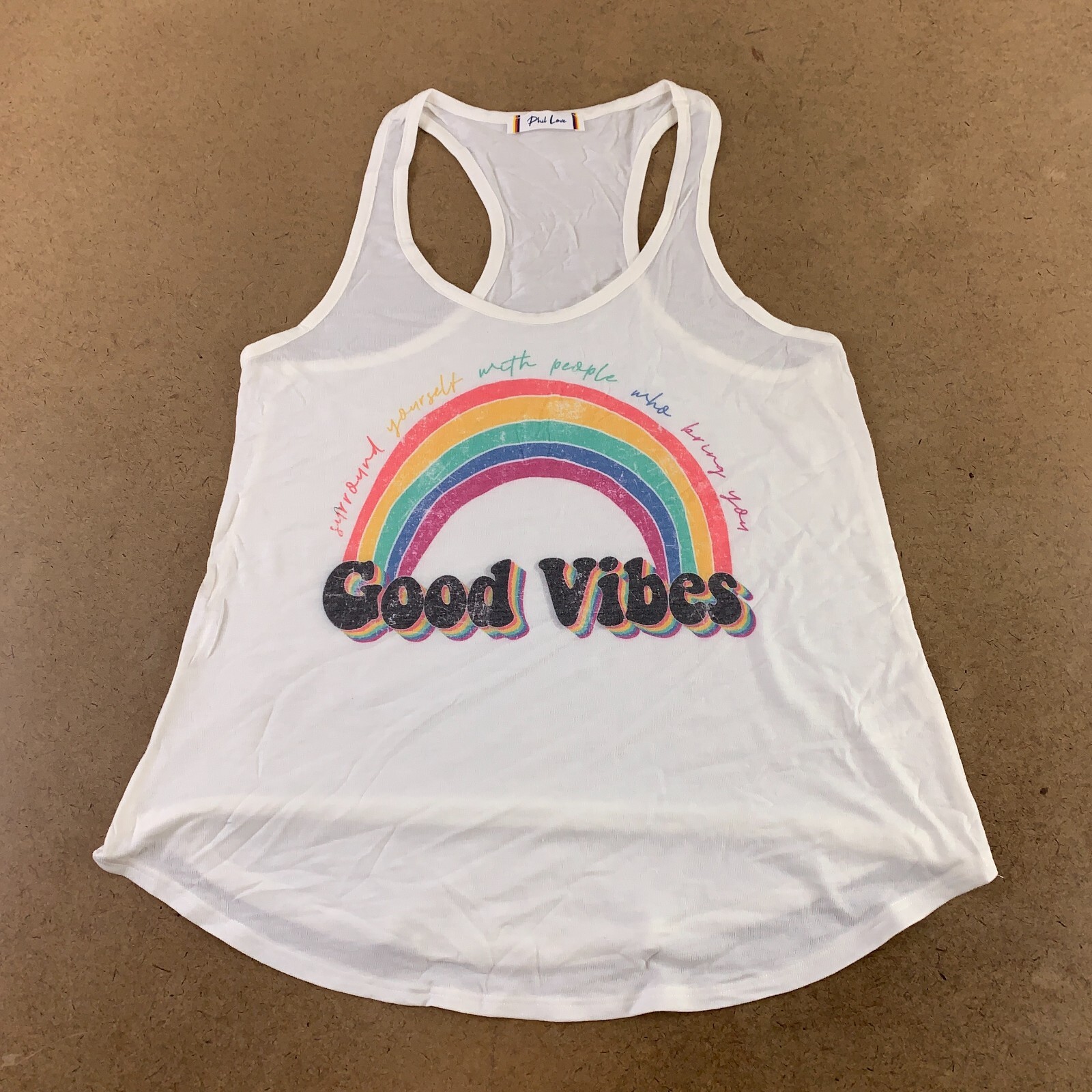 Phil Love Women’s Size Small White Good Vibes Rainbow Graphic Racerback Tank Top