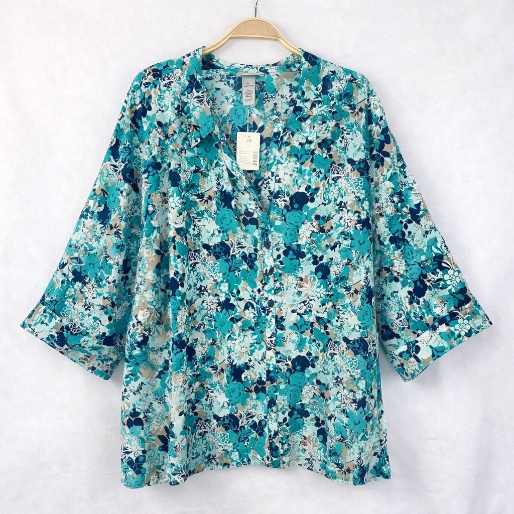 Catherines Floral Button Down Shirt Women 4X Teal Navy Cottagecore Coastal NWT