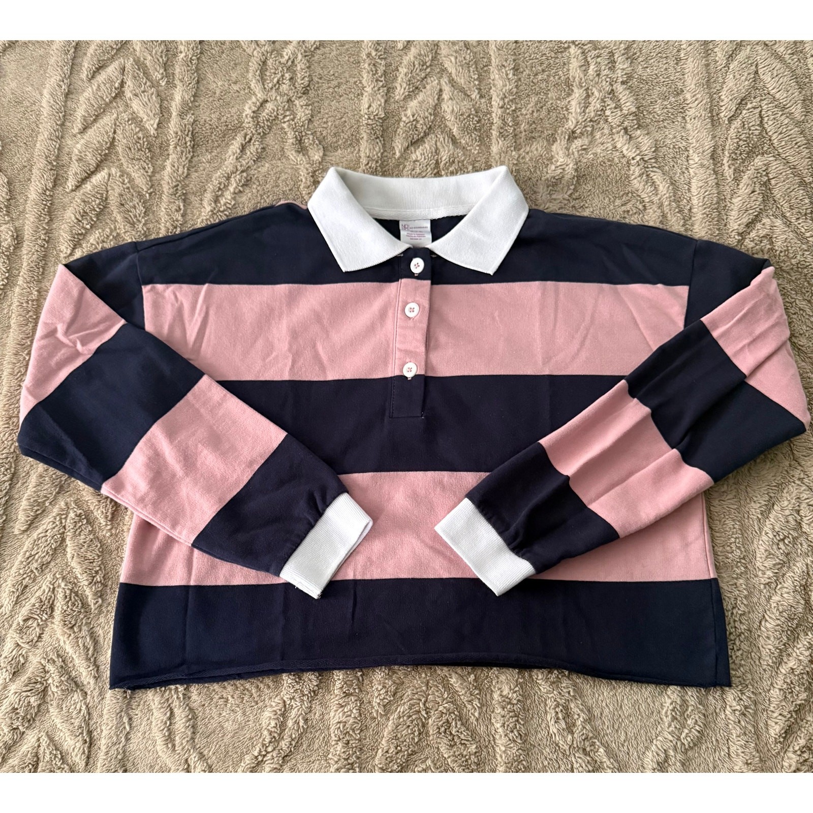 No Boundaries Rugby Polo Crop Top Pink Navy Stripe Long Sleeve Women’s M 7-9