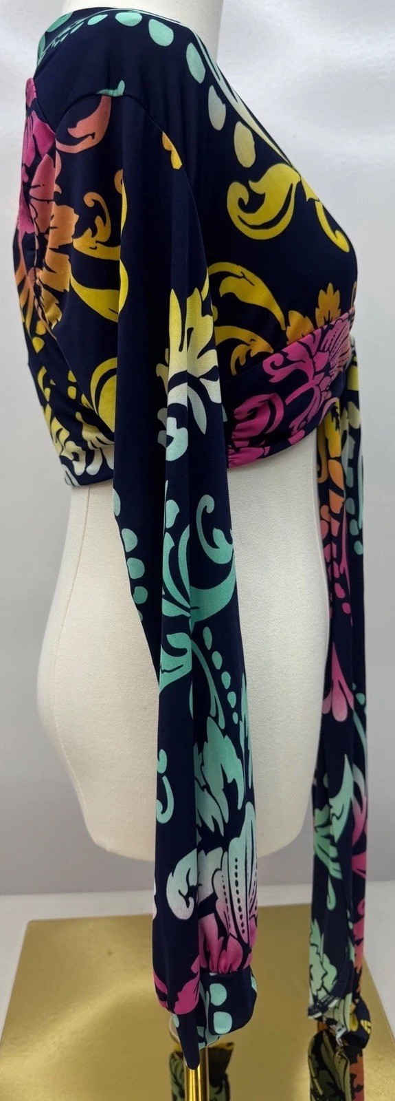 NWT J Uptown Kendra Top Baroque Floral Tie Front Crop Long Sleeve Festival Large