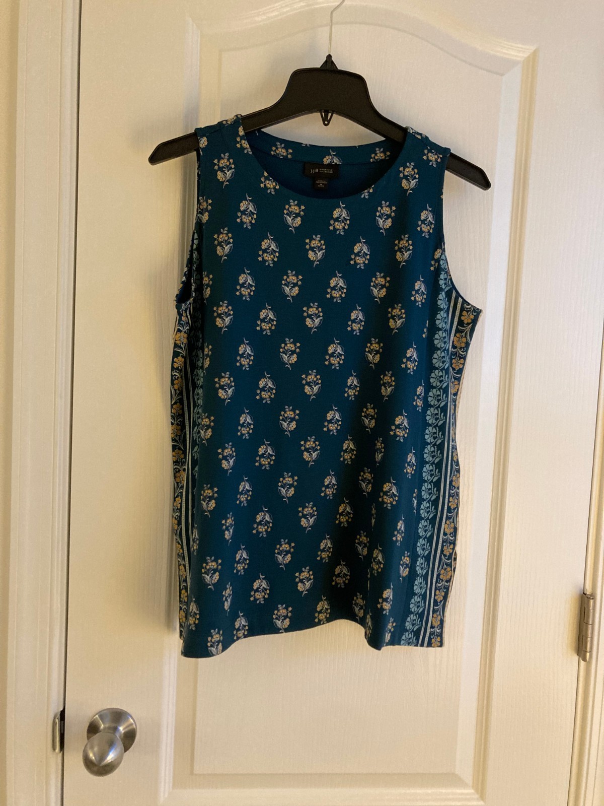 J. Jill Wearever Floral Sleeveless Top Teal Blue Knit Tank Size MP