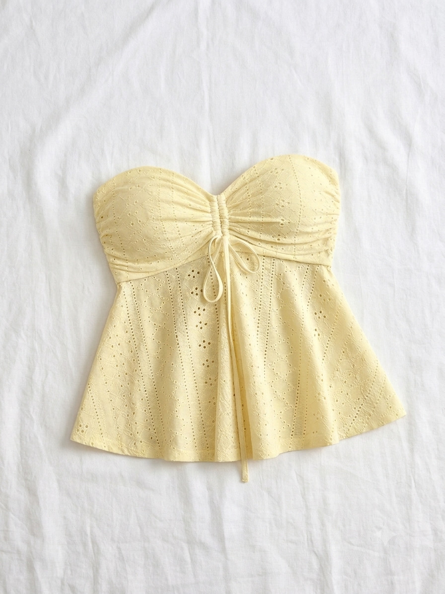 Women Yellow Eyelet Lace Tube Top Ruched Tie Front Peplum Strapless Camisole S-M