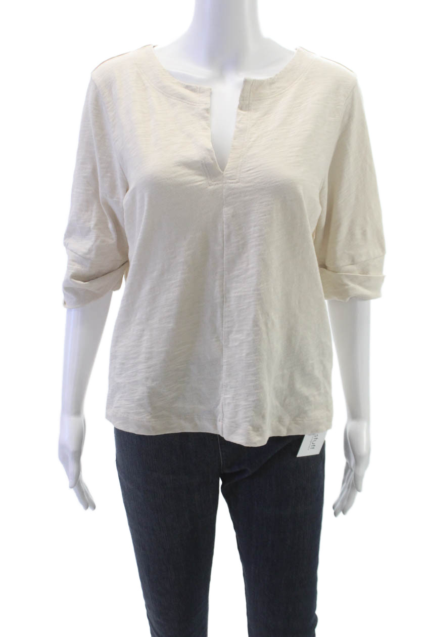 Lilla P Women Basic T-Shirt V-Neck Beige Cotton 3/4 Sleeve Size M