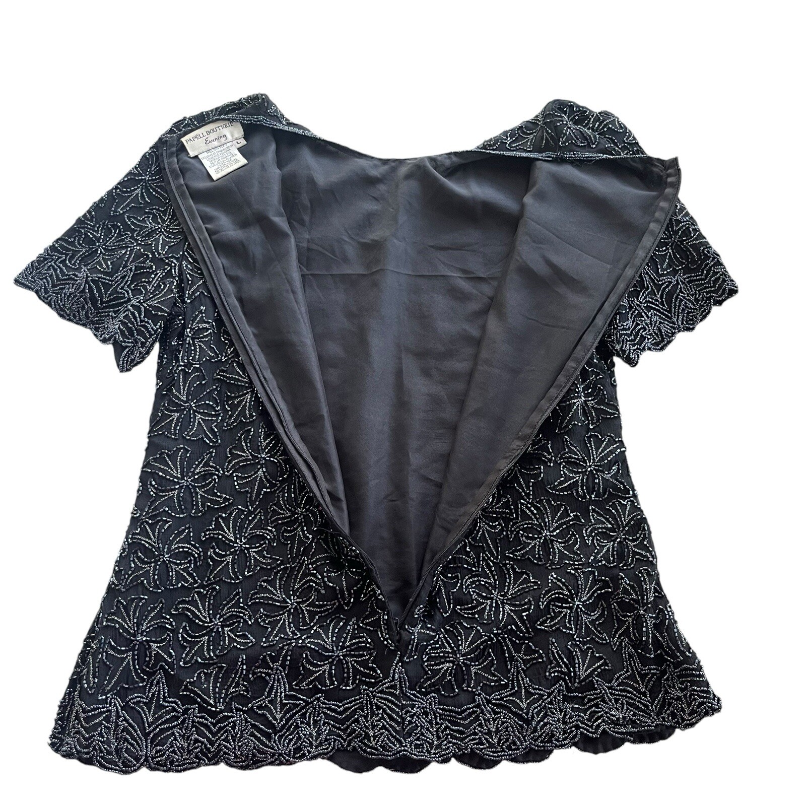 Papell Boutique Evening Women Large Black 100% Silk Beaded Floral Pattern Blouse