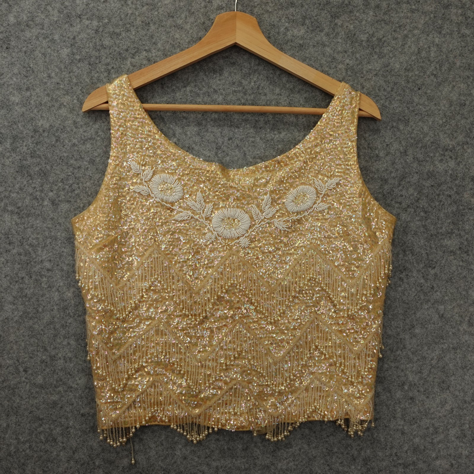 Vintage Sequin Beaded Wool Top Womens M Cream Chevron Fringe Cocktail 60s FLAW
