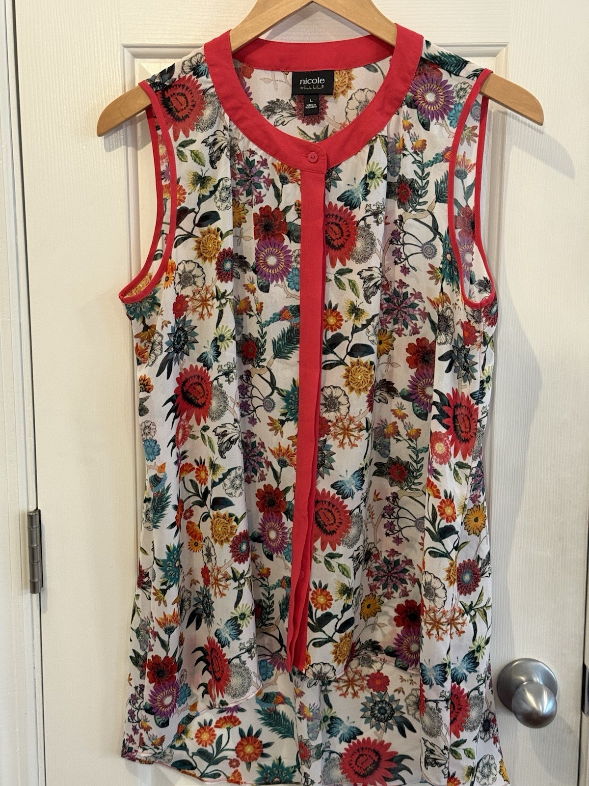Nicole Miller Floral Sheer Garden Summer Button Sleeveless Blouse Size Large