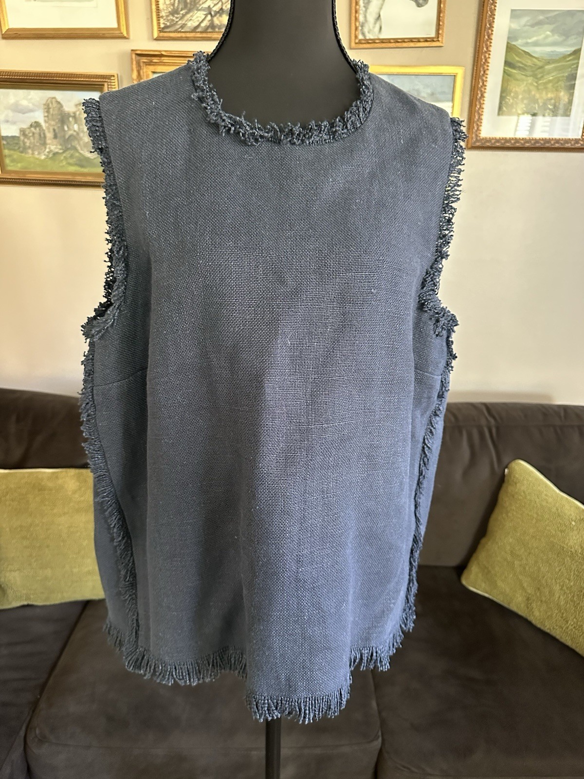 Ann Mashburn Womens Size XL Vest Sleeveless Heavy Linen Frayed Edge Blue Luxury