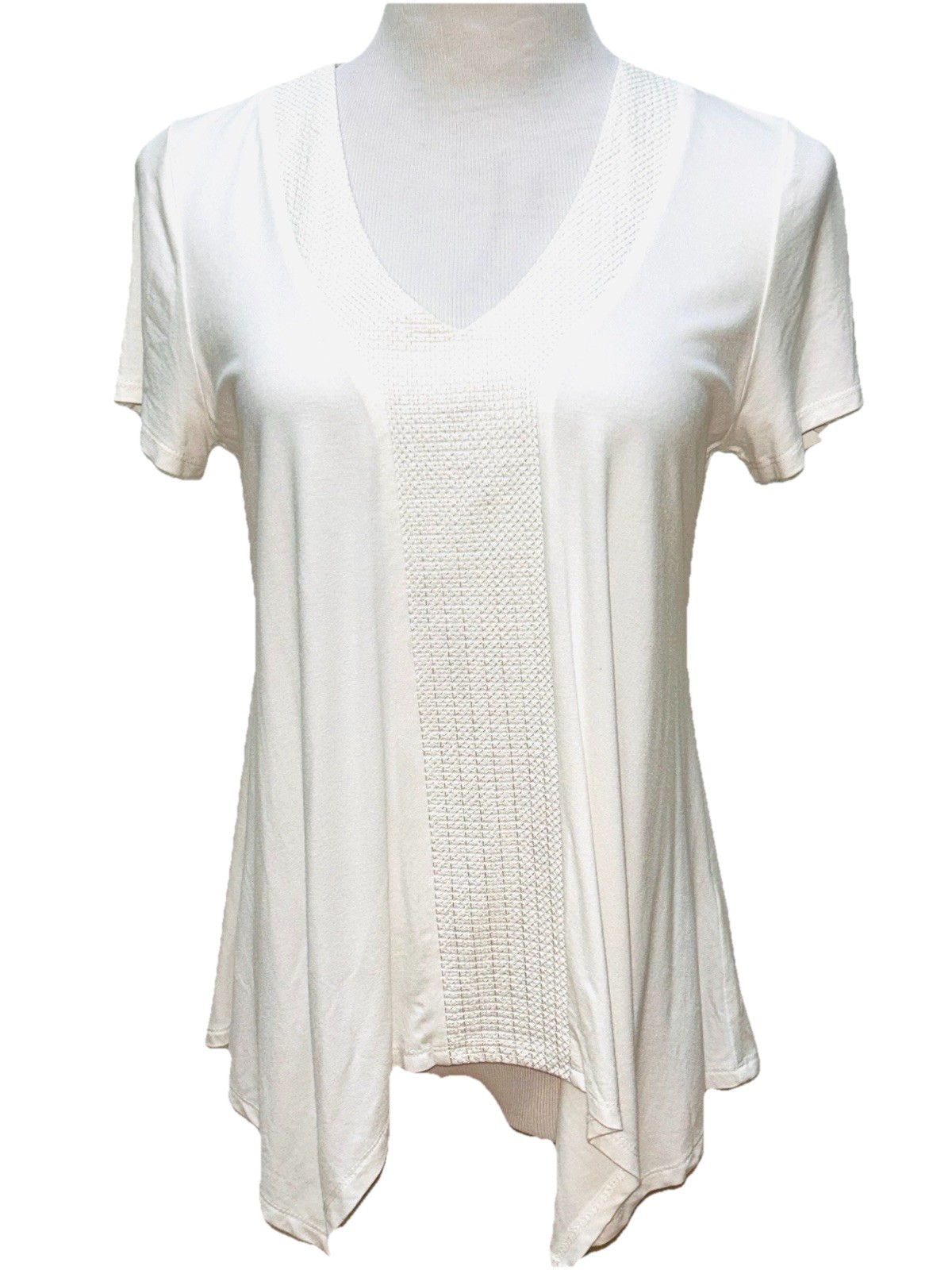 Adrianna Papell V Neck Top White Eyelet Knit Lined Handkerchief Hem Medium