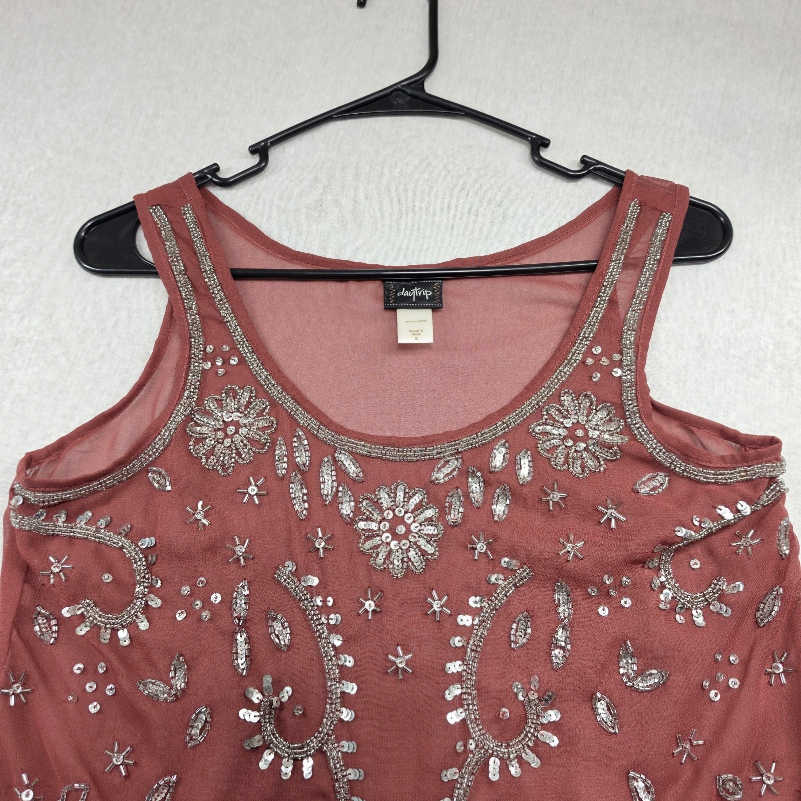 Daytrip Rust Red Sheer Mesh Beaded Sequined Crop Tank Top Size S Y2K Whimsigoth