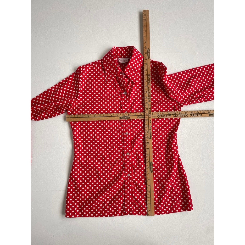 Vtg 70s Red Polkadot EVAN PICONE Collared Button Up Shirt / 14 / Retro Glam