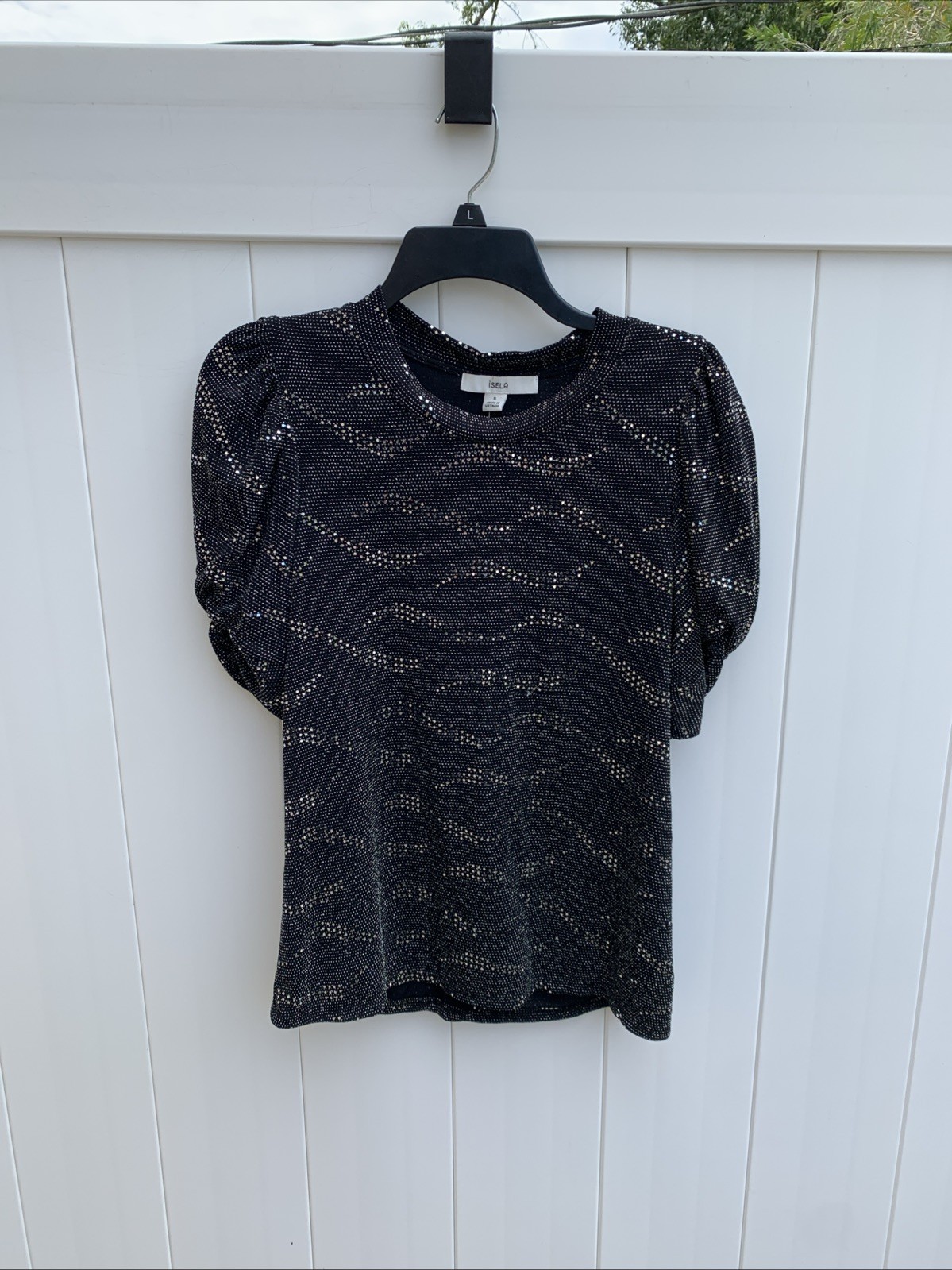 Isela Short Sleeve Blouse Black Sequin All Over Sparkly Sz Small nylon NWOT