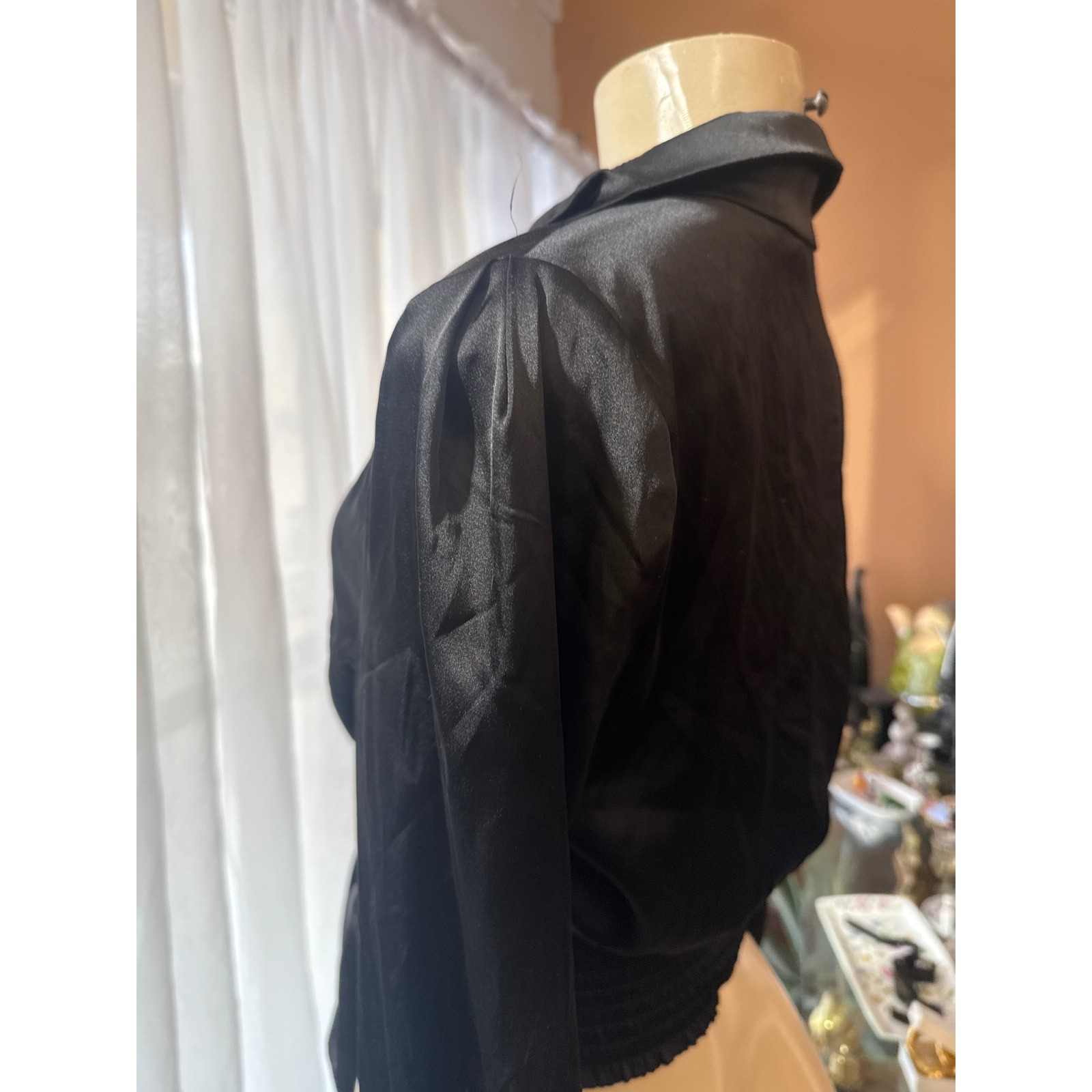 Black Satin Wrap Blouse Long Sleeve V-Neck Tie Waist Smocked Back Cropped Top