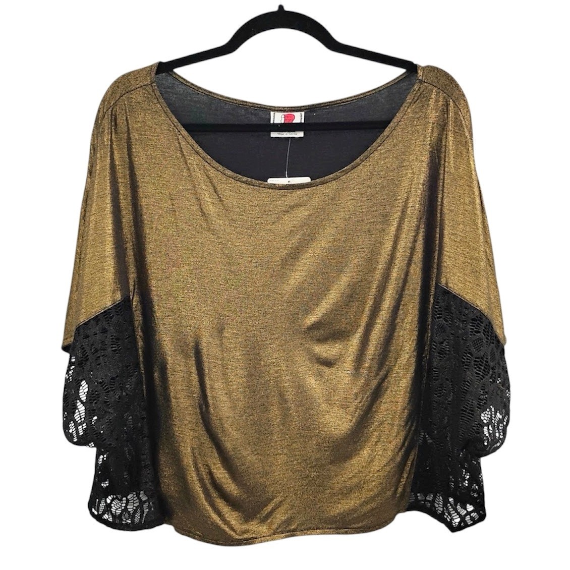 Free People Black Lace Gold Foil Crop Top Batwing Sleeves Size Medium