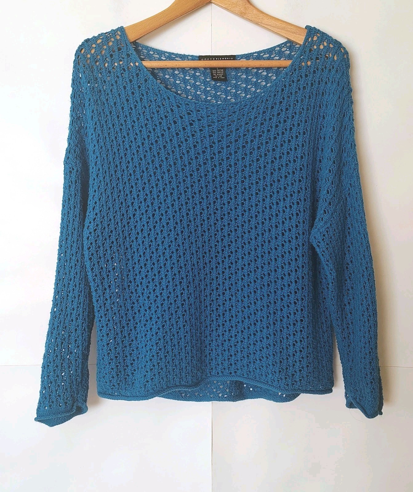 Grace Elements Sheer Open Stitch Crochet Top Sz L Coastal Nautical Beach Preppy