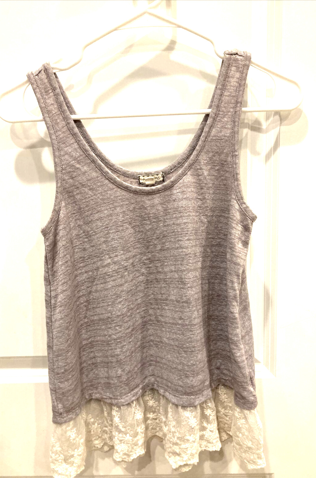 Eyeshadow Tank Top Womens Small Taupe Sleeveless Soft Knit Sheer Lace Trim