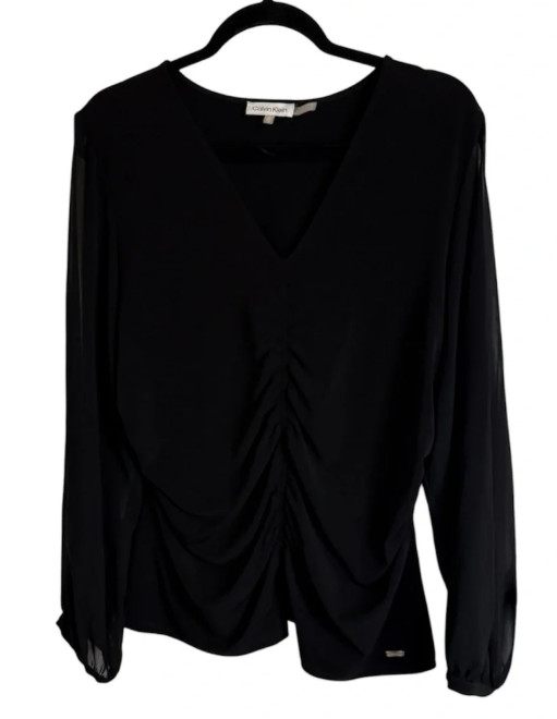 Calvin Klein Women’s XL Black Ruched V-Neck Sheer Long Sleeve Blouse Top