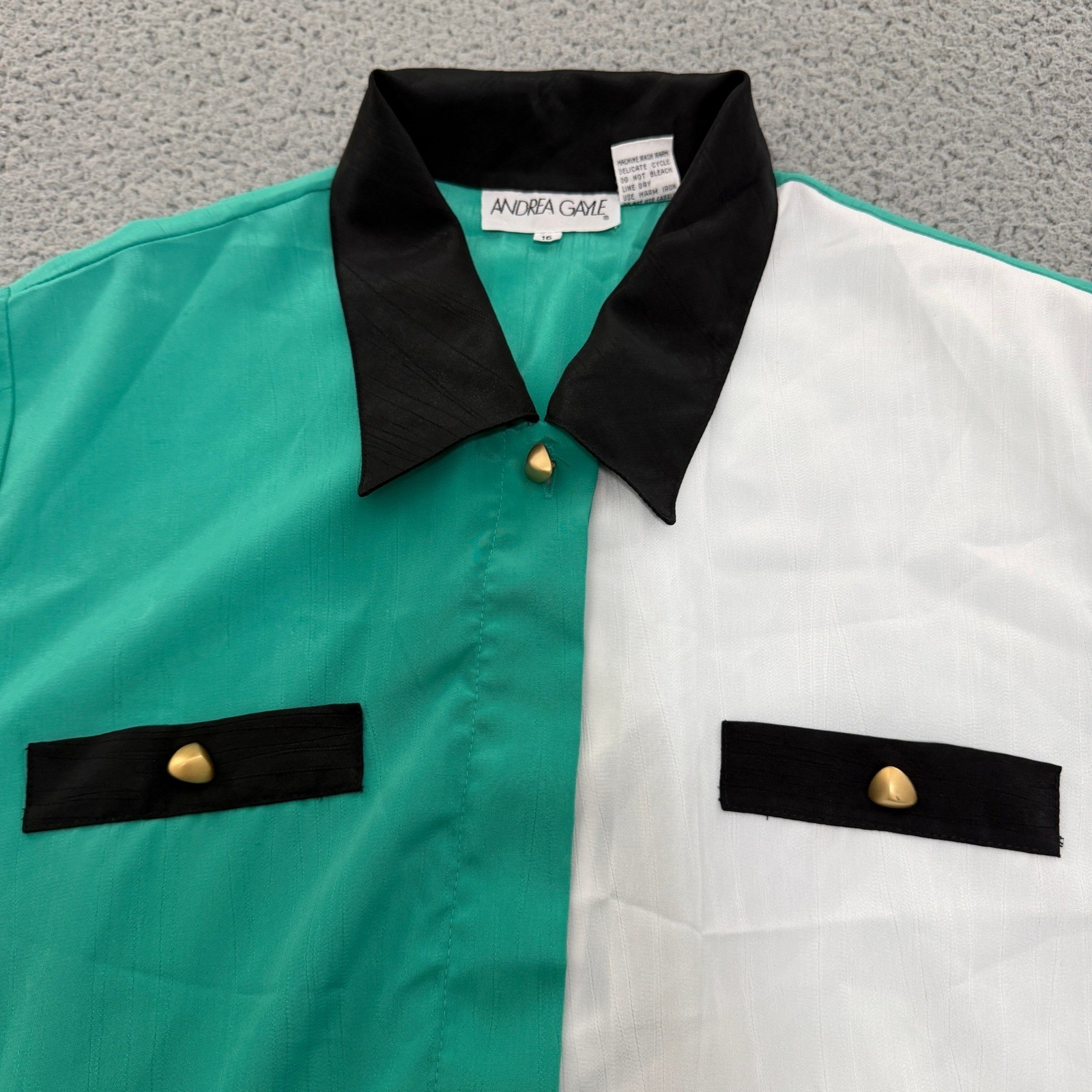 Andrea Gayle Vintage Colorblock Blouse Green White Black Gold Button 16 Womens