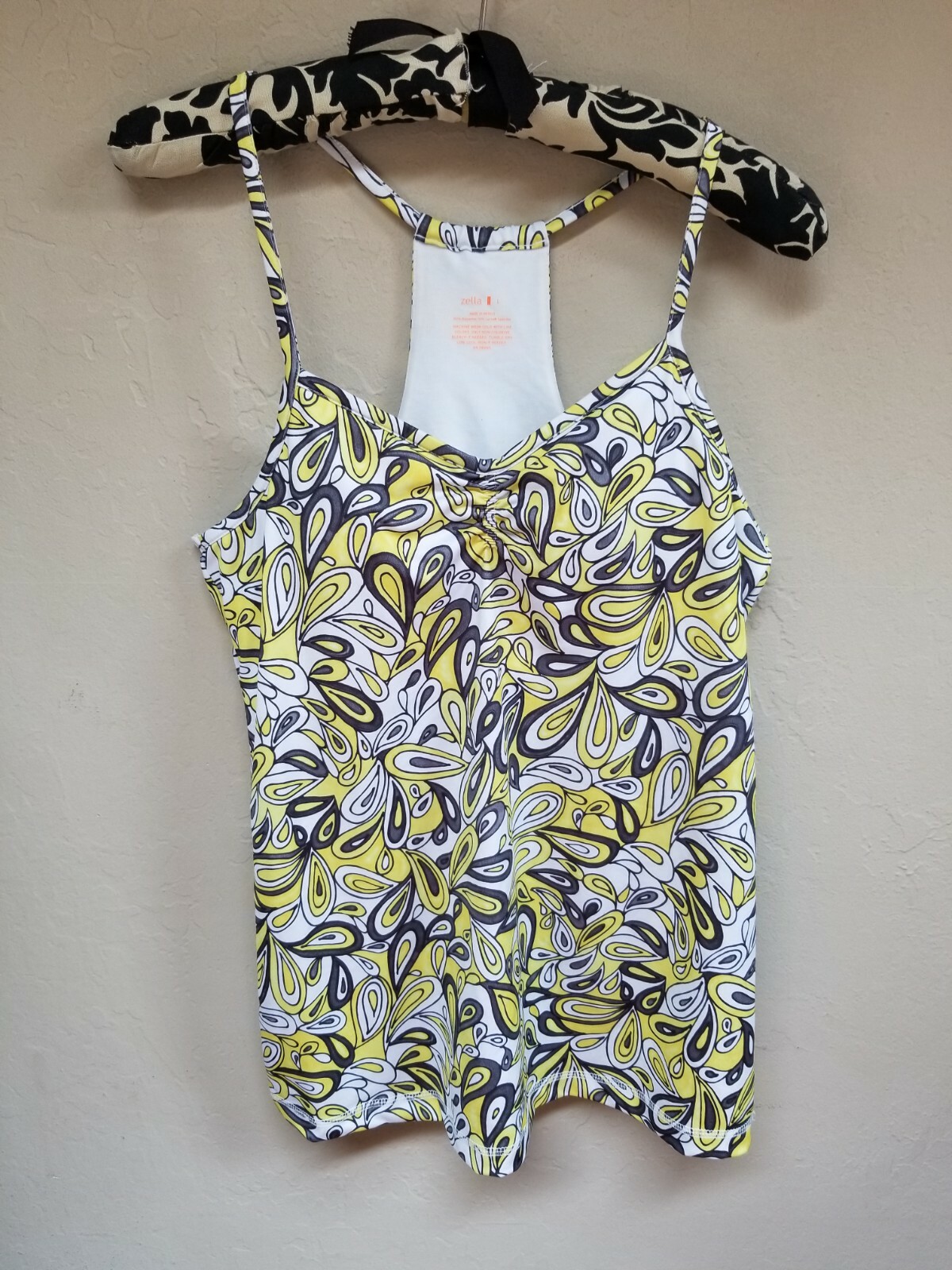 Zella Womens Raceback Swim Tank Top Size Large Paisley Yellow Straps Lightweight