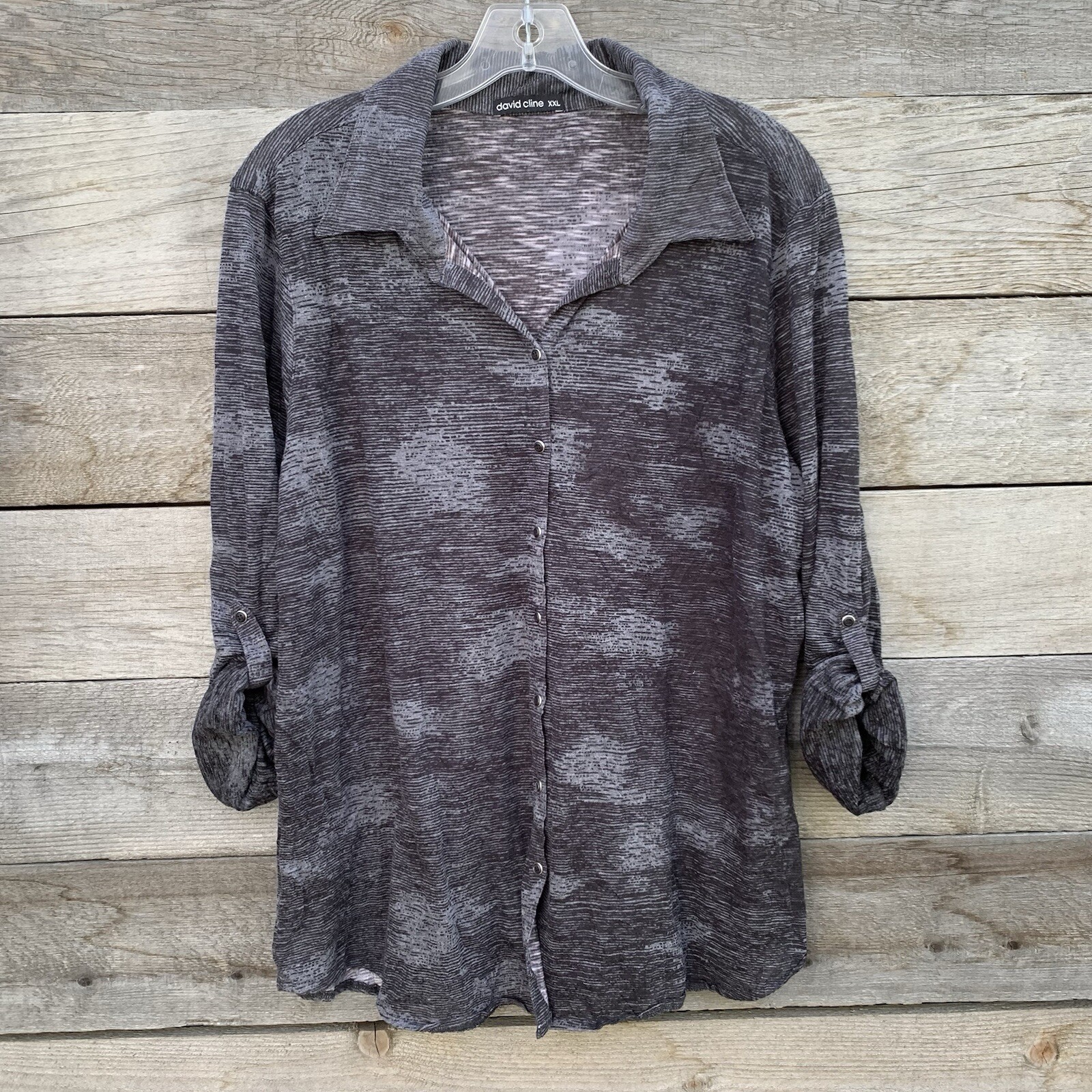 David Cline Crushed Shirt Top Women XXL Snap Front Roll Tab Abstract Print Artsy
