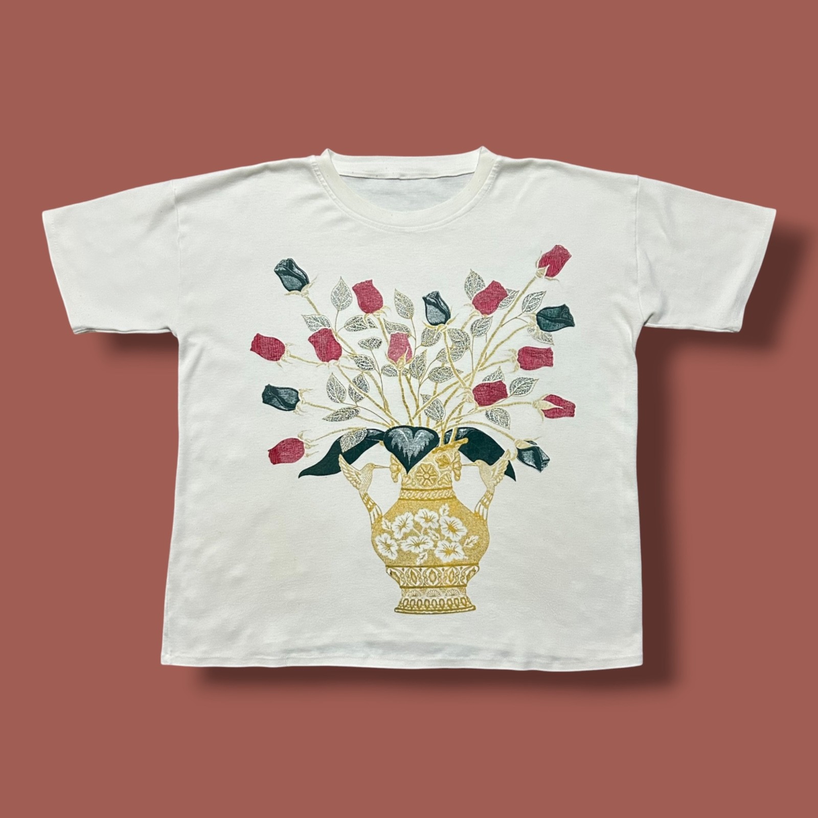 Vtg Flower Shirt Rose Art Hummingbird Vase 80s 90s Womens XL White Graphic Tee
