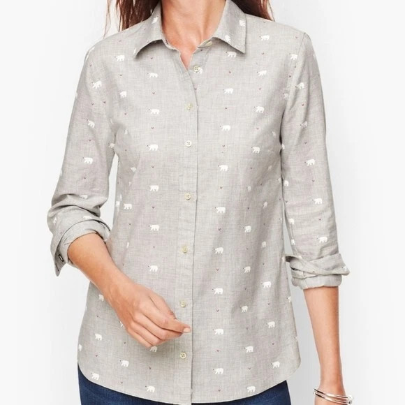 Talbots Petite Womens Size P Polar Bear Print Long Sleeve Button Down Shirt 1842